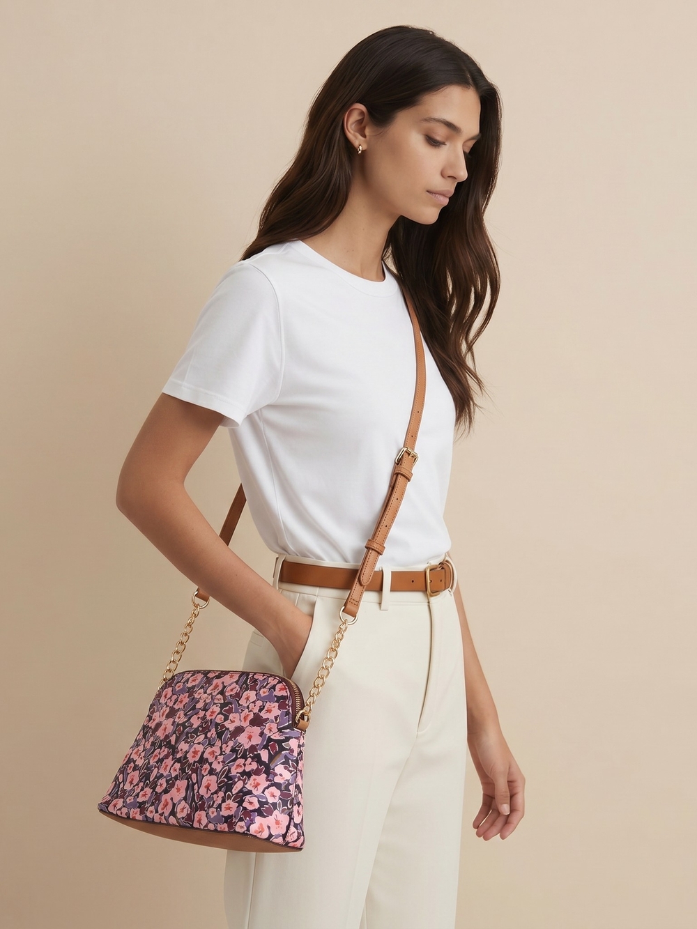 Nanette Lepore Pink NWOT Floral Crossbody with Gold Chain and Tan Strap